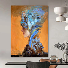 Load image into Gallery viewer, “Color - Stacked Headdress Figure” – Orange background, with blue, brown, and other colors stacked to form a headdress and clothing. DTP348
