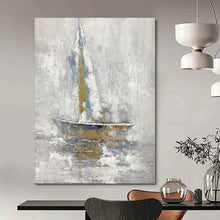 Load image into Gallery viewer, Gray, Blue &amp; Gold Abstract Sailboat Art, Perfect for Nautical - Themed Study &amp; Relaxing Sunroom LargeART1957
