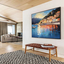 Load image into Gallery viewer, Coastal Town “Sunny Harbor” Painting on Canvas, Luminous Seaside Art DKH877
