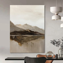Load image into Gallery viewer, “Mountain Mirror” – Muted grays, browns, beiges with thick brushstrokes of mountains and reflection DTP358
