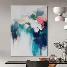 Load image into Gallery viewer, “Blended Blooms in Teal &amp; Pink” Abstract Floral Painting on Canvas, Elegant Living Decor DKH996
