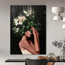 Load image into Gallery viewer, “Floral - Headed Woman in Darkness” – Woman with green foliage and white flowers obscuring her head, dark background. DTP323
