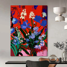 Load image into Gallery viewer, “Blue Blooms on Red” – Bold Floral Painting with Vibrant Color Contrast DTP101
