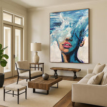 Load image into Gallery viewer, “Wave - Masked Figure” – Blue, white, and pink, with waves merging with a human face. DTP347
