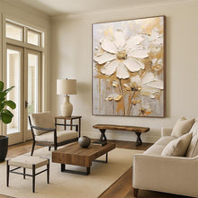 Load image into Gallery viewer, “Gilded White Floral Impasto” - Gold and White Flower Art on Canvas DKH1395
