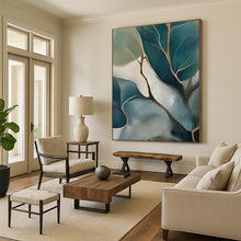 Load image into Gallery viewer, Nature - Inspired Abstract Painting, Teal &amp; Gold Foliage Art for Calming Bedroom &amp; Minimalist Living Room LargeART2253
