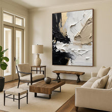 Load image into Gallery viewer, “Textured Monochrome” ，Black, white, beige, and gold with thick, textured brushstrokes. DTP301
