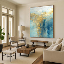 Load image into Gallery viewer, “Aqua - Gold Cascade” – Blue, Aqua &amp; Gold Abstract Acrylic with Cascading Textures DTP063
