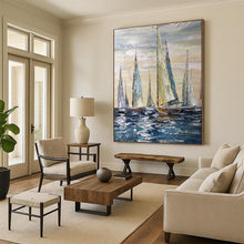 Load image into Gallery viewer, Blue &amp; White Sailboats Abstract Painting, Ideal for Coastal Living Room &amp; Nautical Office LargeART2095
