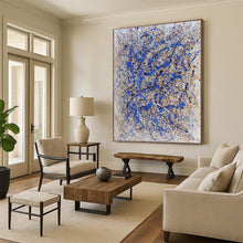 Load image into Gallery viewer, “Blue and White Drip Abstract on Beige” - Action - Painting - Style Art on Canvas DKH1580

