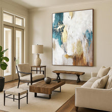 Load image into Gallery viewer, White, Teal &amp; Gold Abstract Painting, Perfect for Glamorous Dining Room &amp; Luxe Living Area LargeART1924
