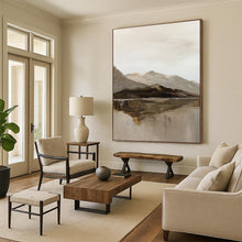 Load image into Gallery viewer, “Mountain Mirror” – Muted grays, browns, beiges with thick brushstrokes of mountains and reflection DTP358
