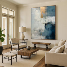 Load image into Gallery viewer, Oversized Hand - painted Blue - Gray and Gold Abstract Fusion Acrylic Art for Luxe - Themed Living Rooms LargeART0248
