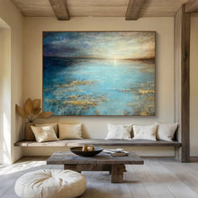 Load image into Gallery viewer, Blue and Gold Seascape Painting on Canvas - “Tranquil Horizons” DKH771
