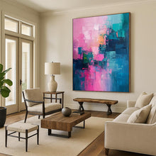 Load image into Gallery viewer, “Pink - Teal Fusion” – Pink, Teal &amp; Blue Abstract Acrylic with Textured Blocks DTP061
