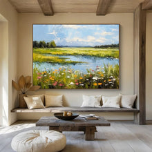 Load image into Gallery viewer, Vivid Landscape Abstract Painting with Blue Sky, Green Fields and Flowers for Countryside - Style Living Room &amp; Relaxing Garden Café DKH271
