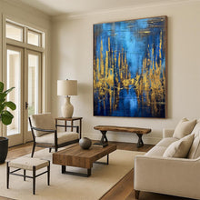 Load image into Gallery viewer, Oversized Blue - Gold Forest Reflection Art for Nature Lodge &amp; Wellness Center LargeART0449
