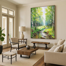Load image into Gallery viewer, “Sunlit Forest Path with Stream” - Green, Yellow, Blue Landscape Art on Canvas DKH1266
