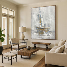 Load image into Gallery viewer, Gray, Blue &amp; Gold Abstract Sailboat Art, Perfect for Nautical - Themed Study &amp; Relaxing Sunroom LargeART1957
