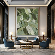 Load image into Gallery viewer, Grand Hand - painted Patchwork Green Textures Acrylic Art for Eclectic Lounges LargeART0201
