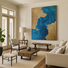 Load image into Gallery viewer, Oversized Blue and Gold Abstract Flow Acrylic for Luxury Hotel Lobby &amp; Sophisticated Home Office LargeART0343
