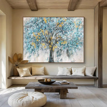 Load image into Gallery viewer, Blue Tree “Golden Accents” Painting on Canvas, Whimsical Landscape Art DKH889
