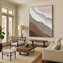 Load image into Gallery viewer, “Multi - Material Coastal Collage” – White, brown, gray, and other colors, with fabric and plaster to mimic a coastal scene. DTP344

