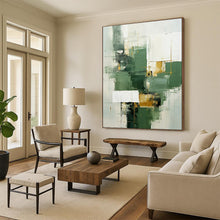 Load image into Gallery viewer, Green &amp; Gold Geometric Abstract Art (Repeat), Suited for Contemporary Office &amp; Upscale Home LargeART2292
