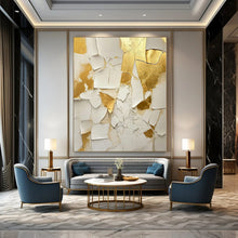 Load image into Gallery viewer, Grand Hand - painted Cracked White and Gold Textures Acrylic Art for Luxe - Themed Dining Rooms LargeART0216
