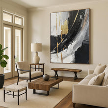 Load image into Gallery viewer, Hand - painted Oversized Black - White - Gold Abstract Strokes Acrylic Art for Luxurious Living Rooms LargeART0085
