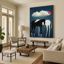 Load image into Gallery viewer, “Horses Under Red Moon” - Black, White, and Red Nature Art on Canvas DKH1418
