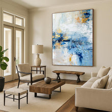 Load image into Gallery viewer, Blue, White, and Gold Abstract Acrylic Art - Suited for Modernist Penthouse &amp; Elegant Dining Room LargeART0643
