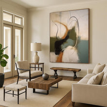 Load image into Gallery viewer, “Swirling Hues” – Flowing lines, mix of olive, teal, and amber on light backdrop DTP365
