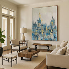 Load image into Gallery viewer, Blue &amp; Gold Abstract Cityscape Painting, Perfect for Modern Living Room &amp; Stylish Home Office LargeART2080

