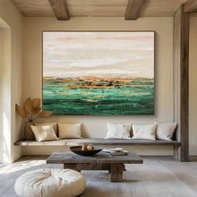 Load image into Gallery viewer, Green - Hued Coastal Abstract Painting on Canvas - “Golden Shores” DKH648
