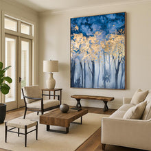Load image into Gallery viewer, “Golden Canopy in Blue” Abstract Forest Painting on Canvas, Enchanted Woodland Art DKH936
