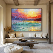 Load image into Gallery viewer, Seaside Sunset “Fiery Horizon” Painting on Canvas, Dramatic Ocean Art DKH859
