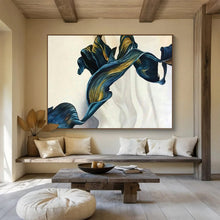 Load image into Gallery viewer, Blue - Gold Flowing Shapes Abstract Art for Elegant Dining Room &amp; Modern Bedroom DKH160
