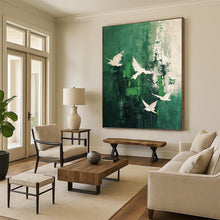 Load image into Gallery viewer, “Green and White Bird Abstract” - Green, White Abstract Art on Canvas DKH1311
