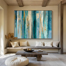 Load image into Gallery viewer, Hand - painted Blue and Gold Vertical Strokes Acrylic Art for Luxurious Hotel Lobbies LargeART1715
