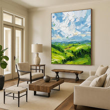 Load image into Gallery viewer, “Textured Green Landscape with Blue Sky” - Impasto Landscape Art on Canvas DKH1557
