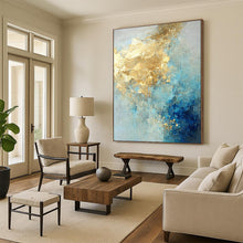 Load image into Gallery viewer, “Sky Gold Flurry” – Blue, Gray &amp; Gold Abstract Acrylic with Textured Cloud - like Forms DTP071
