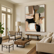 Load image into Gallery viewer, “Neutral Color Block Collage” - Beige, Black, Green, Pink Abstract Art on Canvas DKH1240
