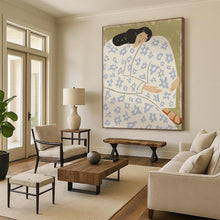 Load image into Gallery viewer, “Floral - Clad Resting Figure” - Green, Blue, White Abstract Figural Art on Canvas DKH1146

