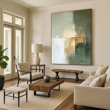 Load image into Gallery viewer, Green &amp; Gold Abstract Geometric Painting, Ideal for Minimalist Bedroom &amp; Chic Office LargeART2081
