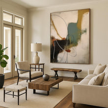 Load image into Gallery viewer, “Colorful Chaos” – Curved lines, blocks of teal, mustard, and rust on white DTP364
