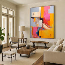 Load image into Gallery viewer, “Vibrant Architectural Abstract” - Pink, Yellow, Blue Abstract Art on Canvas DKH1323
