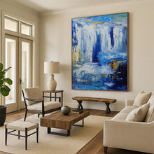 Load image into Gallery viewer, “Blue and Gold Waterfall Abstract” - Blue, Gold, White Abstract Art on Canvas DKH1332
