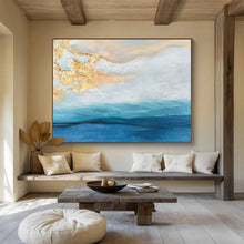 Load image into Gallery viewer, Golden &amp; Blue Seaside Abstract - Dreamy Living Room or Bedroom Art LargeART1521

