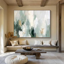 Load image into Gallery viewer, Hand - painted Soft Green - and - White Abstract Acrylic Art for Serene Yoga Studio Backdrops LargeART1693
